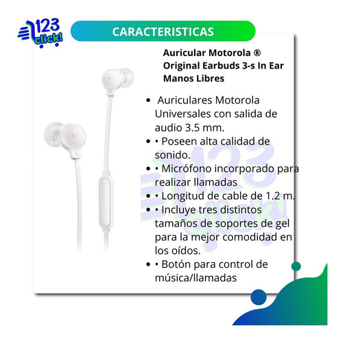 Imagen 2 de 7 de Auricular Motorola ® Original Earbuds 3s In Ear Manos Libres