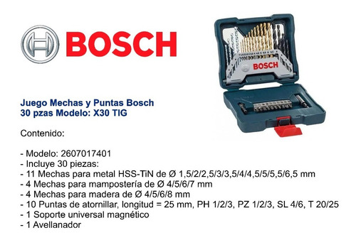 Juego Set Kit Mechas Titanio Y Puntas Dest Bosch 30 Piezas