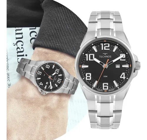 Relógio Masculino Analógico De Pulso Movimento Quartzo Com Caixa E Pulseira De Aço Inoxidável Resistente À Água Em 5 Atm Prata Com Fundo Preto Casual Social Luxo Elegante Technos Skymaster 2115tww/1p