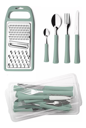 Set 24 Cubiertos + Rallador Acero Inox Mango Plástico Inova Color Verde Claro