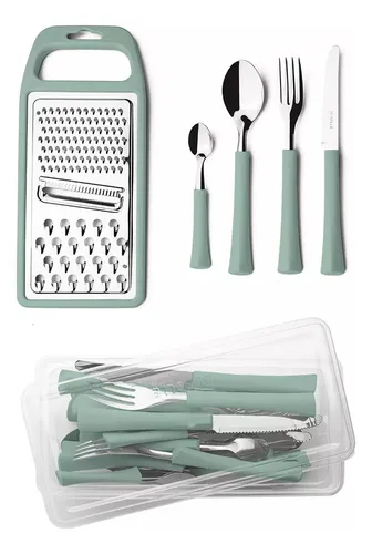 Set 24 Cubiertos + Rallador Acero Inox Mango Plástico Inova Color Verde Claro
