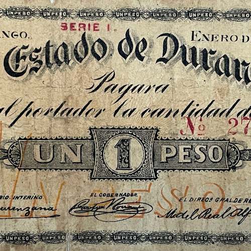 Billete 1 Peso  El Estado De Durango, De 1914