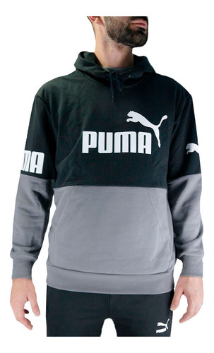 Buzo Con Capucha Puma Hombre Power Colorblock Negro Gris