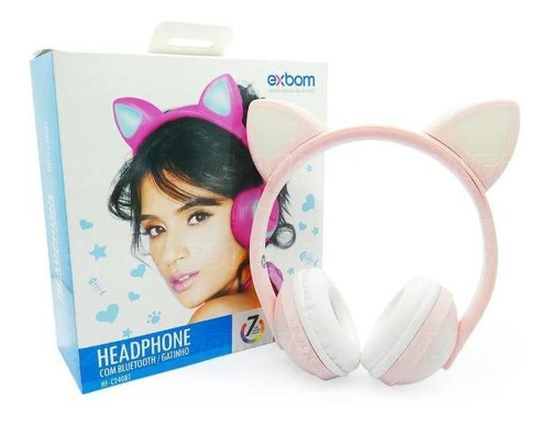 Headfone Bluethooth Gatinho Com Led Hf-c240bt - Rosa Claro