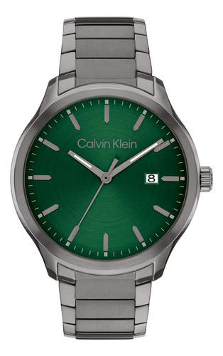 Reloj Calvin Klein Hombre Analógico Negro 25200350 Correa Gris Fondo Verde Oscuro