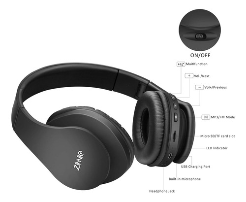 Audífono Zihnic Wh-816, Recargable, Over-ear, Bt, Negro