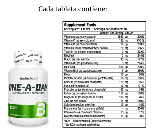 One A Day Multivitaminas Biotech Usa 100 Tab 100 Dias