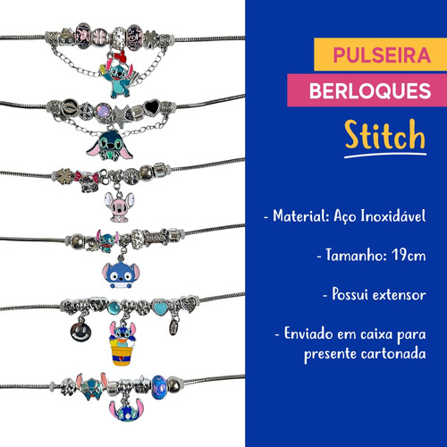 Pulseira Stitch Com Berloques Charme Aço Inoxidável Prata
