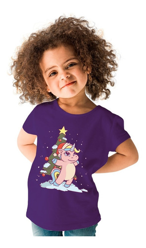 Playera Navidad - Niños - Unicornio Con Árbol Navideño