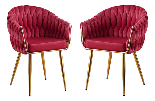 Set 2 Sillas Comedor Dapri Patron Tejido Elegante Moderno Tejida Terciopelo Dorado Vino