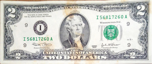 Billete Estados Unidos 2 Dolares Jefferson Serie 2003, Usado