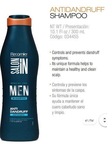 Imagen 2 de 3 de Shampoo Para Varón Recamier Saloon In (canas,caspa Y Caída)