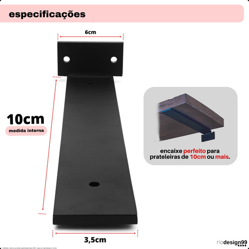 10cm - Mão Francesa Cantoneira Preta Invisível - rio design99 - Ferro Aço Suporte Para Prateleira Reforçada Resistente Industrial Madeira Bancada Estante s61