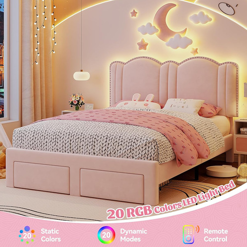 Base De Cama C/ Cajones Y Luces Led Enhomee Matrimonial Rosa