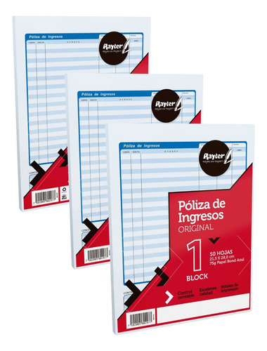 3 Block Poliza Ingresos Rayter Azul Tamaño Carta 50 H C/u