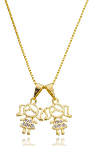 Colar Mãe De Meninas Pingente Duas Filhas Banhado Em Ouro Cor Cristal