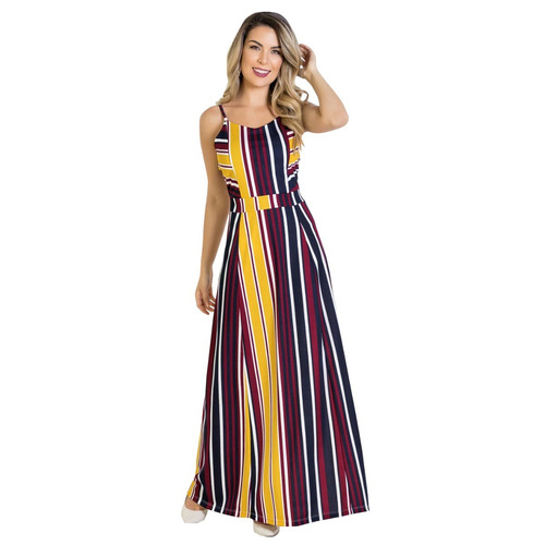 Vestido Longo Listrado Moda Evangélica Alças Feminino Festa