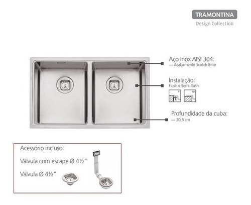 Imagem 4 de 6 de Cuba Dupla Quadrum Inox Tramontina 2c 34cm 94009/103