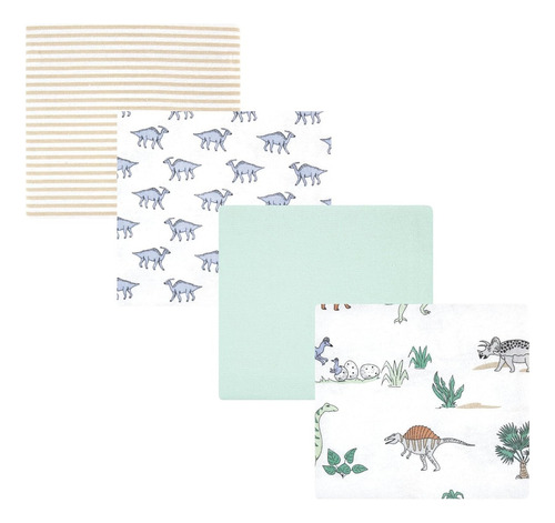 Manta De Franela Hudson Baby 4pz Dinos Color Gris Dinosaurios