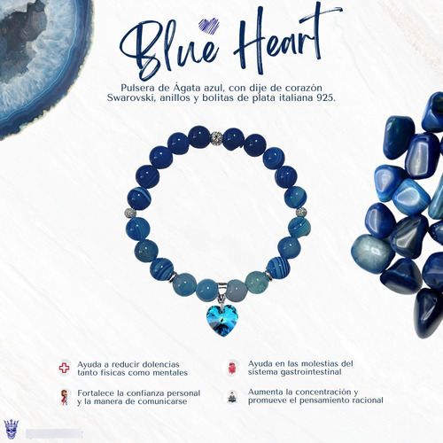Pulsera De Ágata Azul, Dije Swarovski De Corazón Y Plata