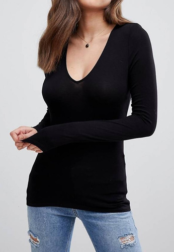 Camiseta Remera Manga Larga Escote V Algodón Xs Al L