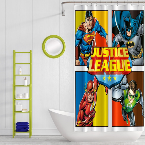 Imagen 2 de 9 de Cortina De Baño Liga De La Justicia Ganchos Y Protector