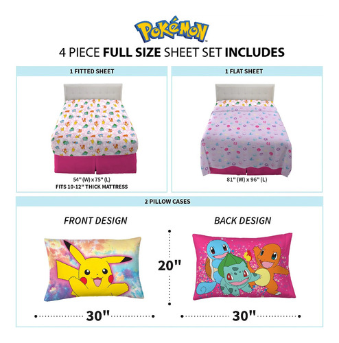 Juego De Sabanas Matrimoniales Pokemon Color Rosa 4 Piezas