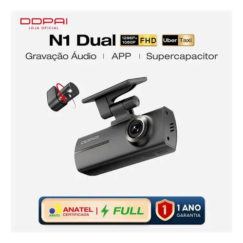 DDPAI N1 Câmera Veicular Dupla 1296P + 1080P com Wi-Fi Câmera para Carro com Visão Noturna Sensor G Gravação em Loop e Modo Estacionamento 24h Supercapacitor