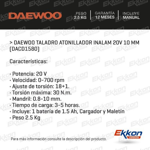 Imagen 2 de 8 de Taladro Atornillador Inalámbrico Daewoo 20v 10mm Vel Var Led