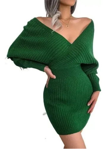 Vestido De Lana Con Cuello En V Tejido Invierno Para Mujer