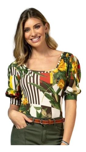 Blusa Floral Com Mangas 3/4 Bufantes Tecido Viscose Elastano