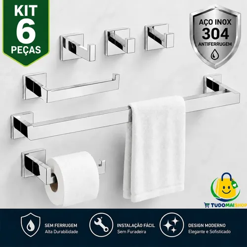 Tudomaishop Suporte Metal Para Banheiro Luxo Kit 6 Peças Porta Toalha Rosto Aço I