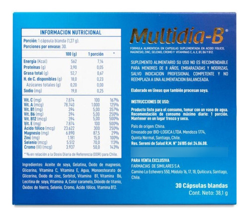Multivitaminico Multidia B 30 Cápsulas Blandas Vitaminas Y M