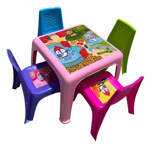Mesa Infantil Y 4 Sillas De Colores Para Niños Dibujo Comer Color Rosa