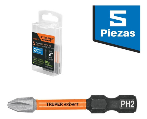 Juego 5 Puntas De Impacto Phillips Ph2 X 2'' Truper 100820