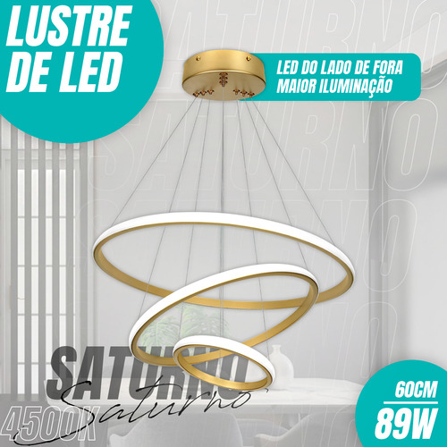 Lustre Pendente Led Moderno Anéis Led 89w 3 Arcos Preto Estrutura Dourado 110v/220v