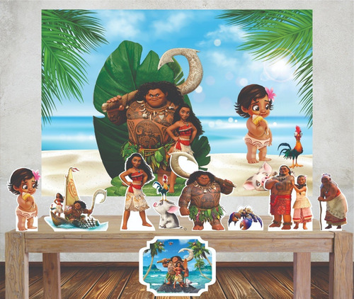 Imagem 1 de 5 de Kit Moana Painel Poli Banner + Displays Festa Decoração Mesa