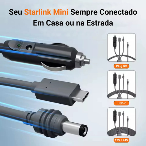 Kit Suporte Starlink Mini Com Ventosas Reforçadas + Cabo Veicular 3 Em 1 3m Usb-c 12v 24v Para Carro Caminhão Trailer Viagem Estável Motorhome Alta Fixação Cabo Starlink Gen4 Athenix