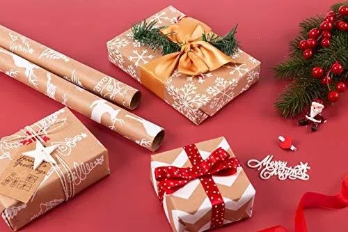 RUSPEPA Christmas Wrapping paper - Brown Kraft Paper with 3D White  Christmas Elements Print Paper - 4 Roll-30Inch X 10Feet Per Roll
