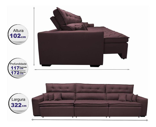 Sofá Austin 3,22m Retrátil, Reclinável com Molas no Assento e Almofadas, Suede Vinho Cama inBox