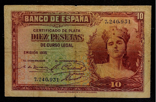 España 10 Pesetas 1935 Bueno Sin Serie Pick 86a 