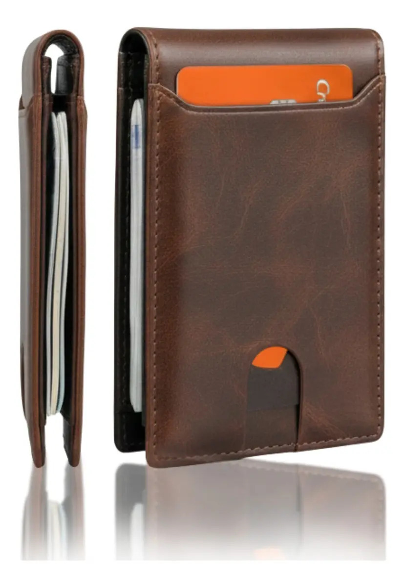 Carteira Masculina Mágica Pequena Slim Antifurto Rfid Luxo Cor Marrom Desenho Do Tecido Couro