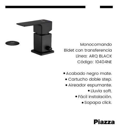 Grifería Bidet Monocom Baño Transfe Piazza Arq Negro Canilla
