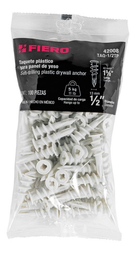 Bolsa Con 100 Taquetes De Plástico 1/2 Para Panel De Yeso