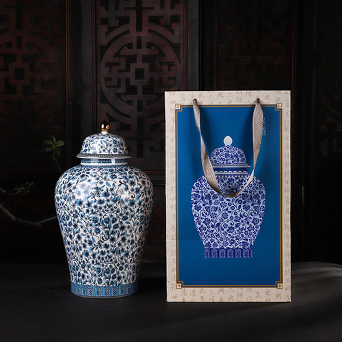 Florero De Cerámica Azul Y De Estilo Chino, M 16,5x29,5 Cm
