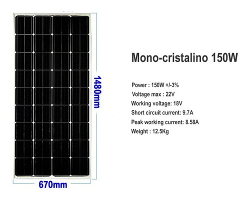 Imagen 3 de 3 de Panel Solar Monocristalino 150 W (18 V/8.58 A) 148x67x3cm