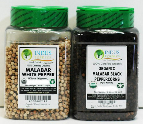 Indus Organics Malabar Black & White Peppercorns, 8 Oz Jar, 