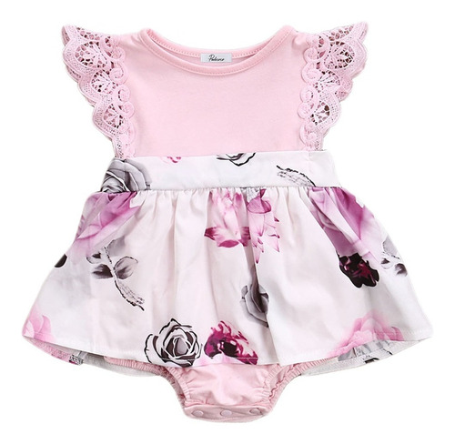 Vestido Romper Bebé Niña Con Falda Flores Rosas Y Olanes