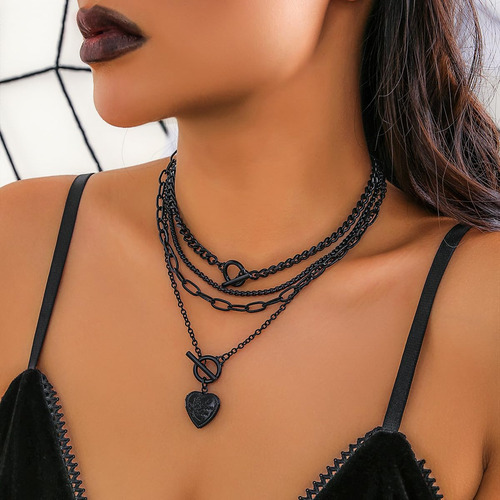 Collar Punk Negro Con Corazón Y Estrella, Ajustable En Capas