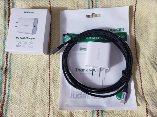 Cargador Tipo C Ugreen 20w iPhone iPad Galaxy + 2 M Cable C